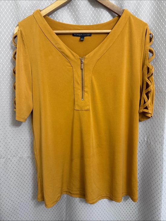 always indigo Tops - Always Be Joyful Mustard V-Neck Short Sleeve Top with Zip & Lattice Sleeves